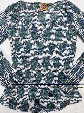 Tory Burch Paisley Stripe Cotton Blouse Tassel Tunic V-Neck Top Size 2 Women